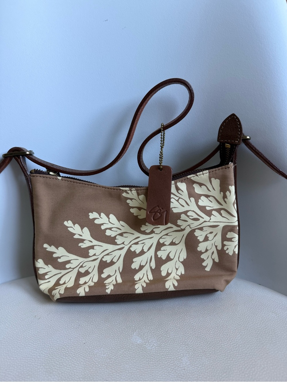 Rare Vintage Sig Zane Brown & Cream Leaf-Print Mini Shoulder Bag